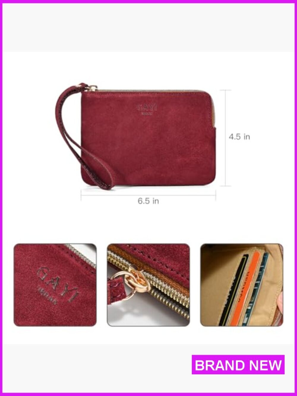 Genuine Leather Wristlet Purse Women Evening Pouch Clutch Bag Zip Closure - Picture 4 of 6